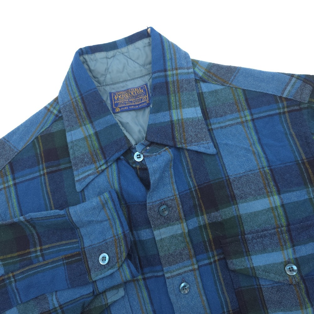 Pendleton VTG 50-60s Men 100% Wool Flannel Shirt Sz 15 Blue Plaid Button Up Read